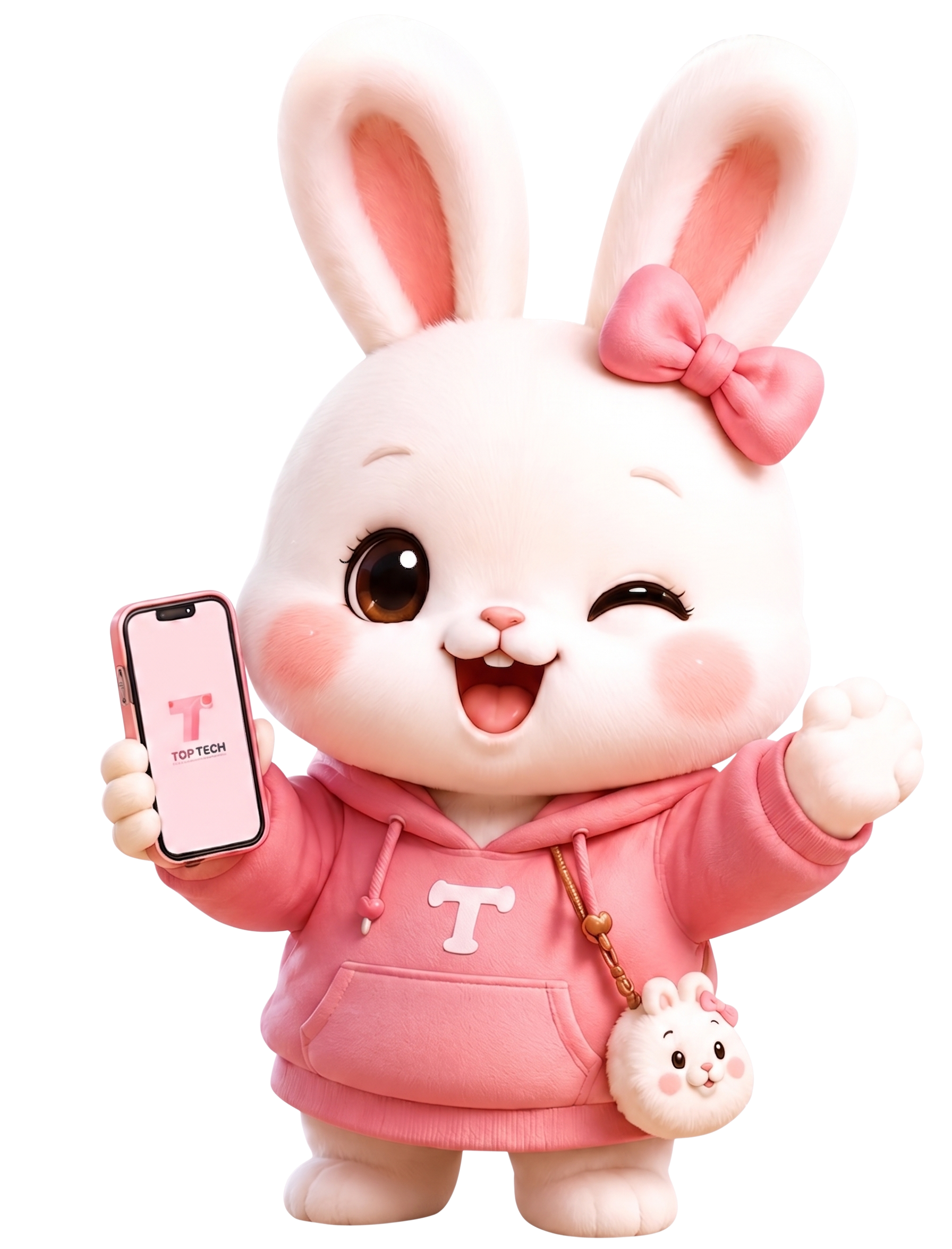 TOP TECH mascot กระต่ายยิ้มถือมือถือ